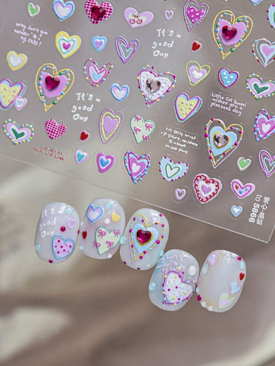 1 Sheet Crystal Diamond Embossed Multi-Color Heart Nail Art Stickers, Macaron Polka Dot Outlined Cursive English Self-Adhesive Stickers, Cute Sweet Style Daily Nail Decorations - Multicolor - View 1