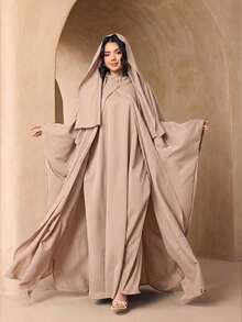 3pcs Set Women's Fashion Versatile Solid Color Broken Card Long Robe + Loose Abaya Cardigan Long Robe + Scarf Set, Soft Skin-Friendly Sun Protection Muslim Clothing Shawl - Khaki - View 2