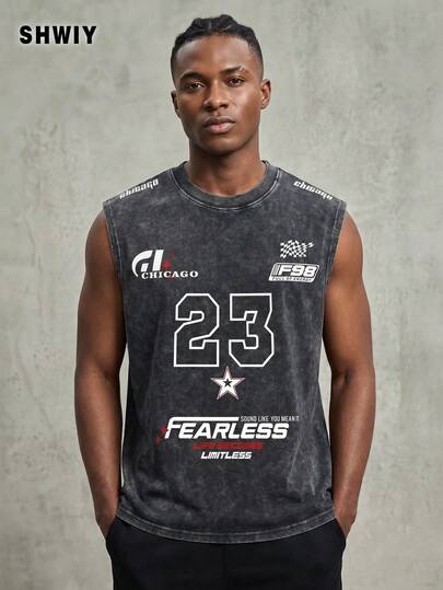 Shwiy Men's Washed Vintage Effect Casual Minimalist Black Racerback Tank Top With Chicago Print, Number 23 & Star Graphics, Suitable For Daily Wear, Spring/Summer