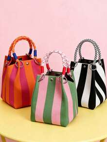 Space-Saving Storage & Organization, Vibrant Color Ergonomic Multi-Function Storage Bag, Durable Knitted Striped Tote Bag, Suitable For Fashion Enthusiasts, Convenient For Daily Use, Can Store Small Items And Desktop Accessories, Multi-Function Storage Bag - Multicolor - View 12