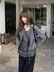 Set Atasan Rajut Camisole Motif Kotak-kotak Abu-abu Musim Gugur, 2 Potongan Elegan - Grey - View 4