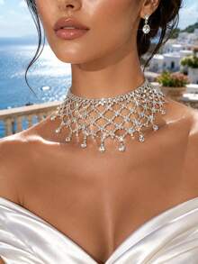 1PC Glamorous Sparkling Rhinestone Necklace, Bridal Wedding Banquet Dress Women's Fashion Jewelry Accessory - Silver - View 1