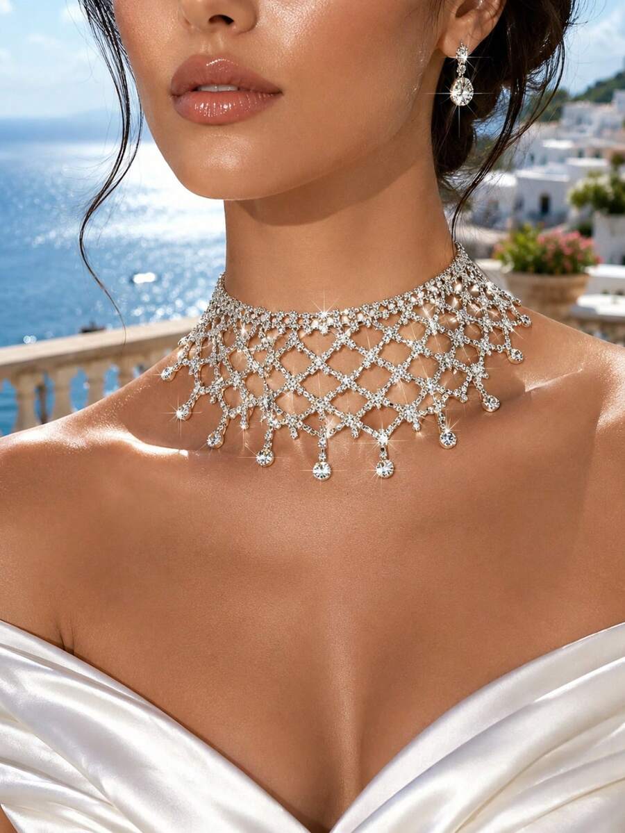 1PC Glamorous Sparkling Rhinestone Necklace, Bridal Wedding Banquet Dress Women's Fashion Jewelry Accessory - Silver - View 1