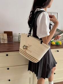 女款草編托特包，椰子樹刺繡配珠飾吊飾，休閒夏季海灘單肩手提包 - 米色 - 查看 5