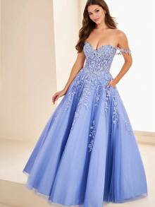 Elegant A-Line Off-Shoulder Tulle Women's Gown For Wedding Prom Formal Evening - Pink - View 6