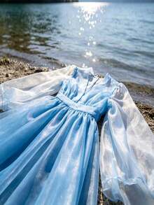 1 Stück glänzender Wasser-Organza-Eisgarn, Kleid Hochzeitskleid Schmuck Hintergrund handgefertigter DIY Stoff - Aquablau - Übersicht 5