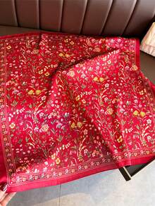 1pc Vintage Women's Floral Print Faux Silk Square Scarf, Handbag Scarf, Neck Scarf, Headscarf, Suitable For Beach, Street, Daily, Vacation, Business, Fashion Decoration Ribbon - Burgundy - View 2