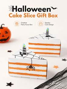 2 Peças Caixas de Lembrancinhas de Fatias de Bolo com Teia de Aranha Assustadora de Halloween, Caixas de Embalagem de Presente de Doces com Impressão de Vela de Morcego de Desenho Animado para Decoração de Lembrancinhas de Festa de Feriado (Caixas Reutilizáveis) - Multicolorido - Visão 5