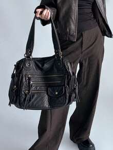 Women's Vintage Handbag Large Capacity Retro Shoulder Bag Multi-Pocket Tote Bag - Bronze - View 2
