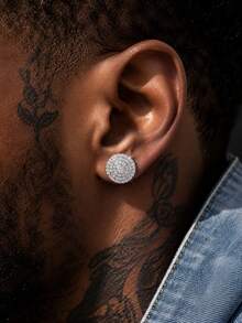 2pcs Copper Cubic Zirconia Round Stud Earrings, Elegant Design For Men's Daily Wear - Earrings - View 10
