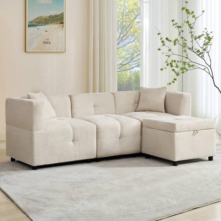 3 Seat Sofa Beige With Storage Space - Beige 3 Seat - View 1