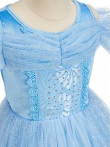 4pcs/Set Girls Light Blue Floral Pattern Tulle Petal Sleeve Dress, Crown, Magic Wand, Handbag Set, Children's Role Play Dress Outfit For Party, Christmas, Carnival - Light Blue - View 10
