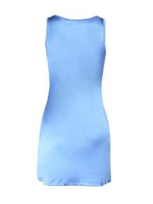 Women's Summer Blue Mini Satin Dress, Suitable For Vacation, Beach, Party - Blue - View 7