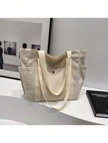 2 Large Capacity Canvas Tote Bags, Multi-Pocket Shoulder Bags, Reusable Shopping Bags, Comfortable Handles, Easy To Carry, Suitable For Daily Use And Gifts, Portable Handbags, Applicable For School, Work, Travel And Shopping - Multicolor - View 11