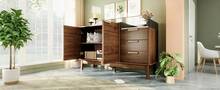 Living Room Sideboard In Oak Decor - Marble Effect Top + 3 Drawers & Double Door Cabinet - 深色橡木 - 查看 7