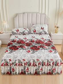 3pcs (1 Bed Skirt, 2 Pillowcases) Floral, Botanical, Striped, Plaid Pattern Printed Ruffle Bed Skirt Full Coverage Dust Cover With Skirt Hem And Pillowcases, Soft And Breathable Bedding Set With Ruffle Skirt Hem And Elastic Band, Bohemian Style Soft Skin-Friendly Bedding Set Suitable For Bedroom Use, 3-Piece Set Pleated Bed Skirt With 2 Pillowcases Bedding Set, Can Be Used For Sleeping Naked, Skin-Friendly, Sweat-Absorbent, Moisture-Proof - Peony In Bloom - View 9