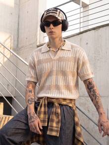 BLACKTOEXIT Men's Polo Shirt, Collared Short Sleeve Knitted Old Money American Style Striped Knit Top, Spring/Summer - Apricot - View 3