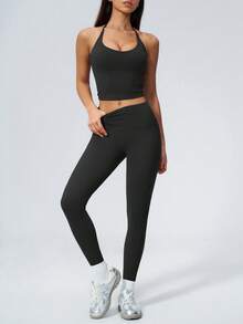 NcmRyu Women's One Set Solid Color Halter Tie U-Neck Backless Cropped Tank Top High Waist Ankle Pants Sports Outfit - Black - View 9
