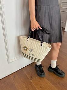 女款草編托特包，椰子樹刺繡配珠飾吊墜，休閒夏季海灘單肩手提包 - 綠色 - 查看 4