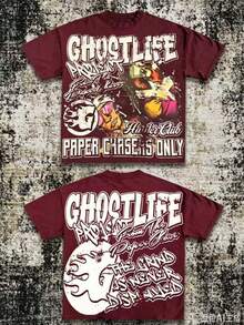 Men's Y2K Tee -American Street & "GHOSTLIFE" Hip-Hop Figureg Raphic T Shirt, Loose Retro Fit,Suitable For Young Men And Women To Wear For Casual - 酒紅色 - 查看 1