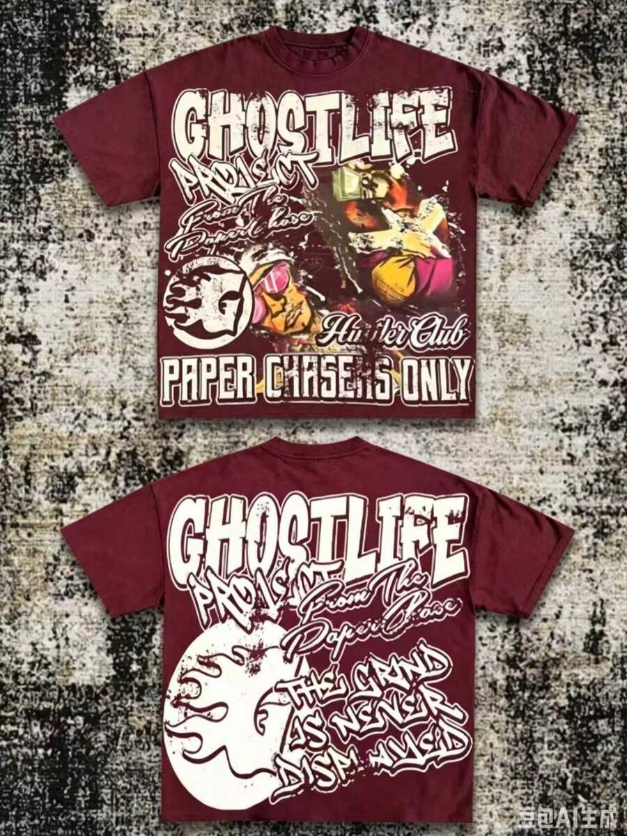 Men's Y2K Tee -American Street & "GHOSTLIFE" Hip-Hop Figureg Raphic T Shirt, Loose Retro Fit,Suitable For Young Men And Women To Wear For Casual - 酒紅色 - 查看 1