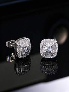 2 Pairs Multi-Function Shiny Zirconia Stud Earrings, Square Diamond Inlaid Earrings, Suitable For Men And Women, Perfect For Daily Wear, Hip-Hop Travel Vacation Jewelry, Gift For Friends Or Each Other - Earrings - View 3