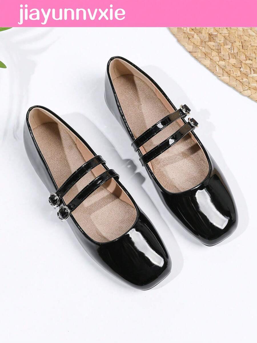 Women's Vintage Mary Jane Flats With Double Strap, Suitable For All Seasons - Black - View 1