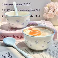 Set Mangkuk dan Sendok Keramik Motif Hati Gadis Kepingan Salju Biru, Peralatan Makan Warna Underglaze, Mangkuk Nasi, Mangkuk Dessert dengan Sendok - Baby Blue - View 6