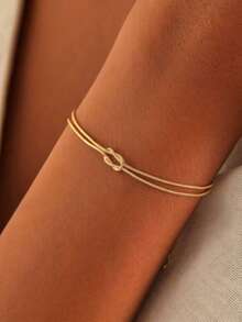 1pc Couple's Simple And Fashionable Stainless Steel Knot Bracelet With Gold Plating For Long-Lasting Color - Gold - View 7