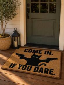 1pc Funny Black Cat Welcome Doormat, Creative Cartoon Kitten Holding Gun With Sassy Expression Print, Plush Rectangular Rug, Entryway Door Mat, Gag Gift, Quirky Home Decor, Suitable For Front Door Entrance Hallway Living Room Bedroom, Cat Lover Housewarming Gift - Black - View 4
