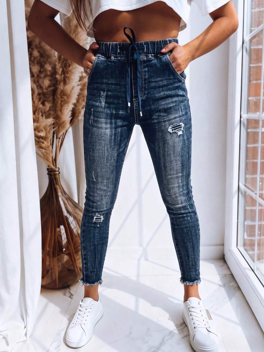 Women's Loose Drawstring Jeans, Casual Wear, High Stretch, Pockets. Other Styles Include MOM FIT COLORS PANTS Summer Women's Boyfriend Pants Autumn