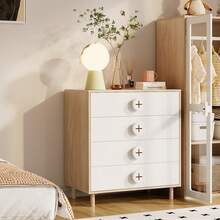 Nightstand Bedside Table White With 4 Drawers – 80 X 54 X 90 Cm - Natural and White - View 3