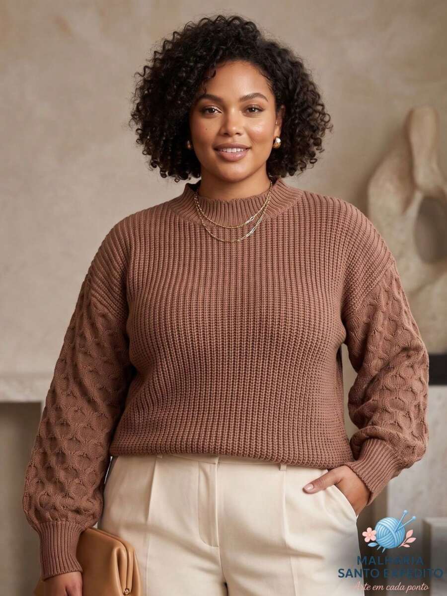 Blusa De Frio Feminina Tricot Plus Size Gola Redonda Manga Longa Detalhe Trança Tricô Moda Inverno