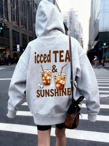 Women's Hooded Sweatshirt, New Autumn/Winter Iced Tea Drink Pattern Letter Print, Drawstring Design, With Pockets, Casual Versatile Loose Fit Top, Fashionable Daily Wear - Dark Gray - View 7