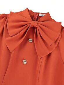 Plus Size Orange Bow Front Midi Dress Women Puff Short Sleeves Button Decoration A Line Elegant Vintage Church Vacation Summer Wedding Guest Dresses - Red - View 7