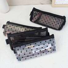 1 Stück schwarzes Herz-Muster Großkapazität Federmäppchen, minimalistische Mode Mesh-Herz kleine Tasche Aufbewahrungstasche Make-up Pinsel Lippenstift Stiftetasche - Liebe - Übersicht 3