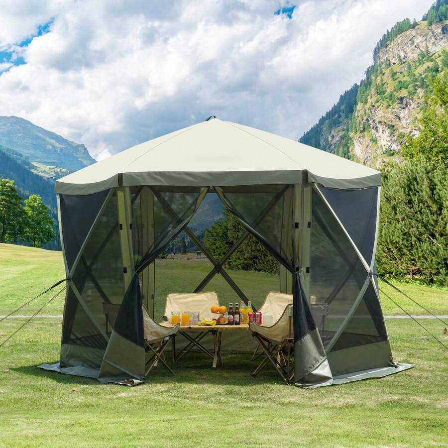 Carpa plegable para cenador, carpa con pantalla emergente, toldo de 6 lados, refugio solar con 6 paños de viento de privacidad extraíbles y ventanas de malla, 3,05x3,05x2,29 m, con mosquitera - Verde militar - Ver 1