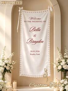 Personalized Linen Lace Wedding Welcome Sign, Customized Name & Date, Wedding Backdrop Banner, Bridal Shower Entrance Decor - Multicolor - View 2