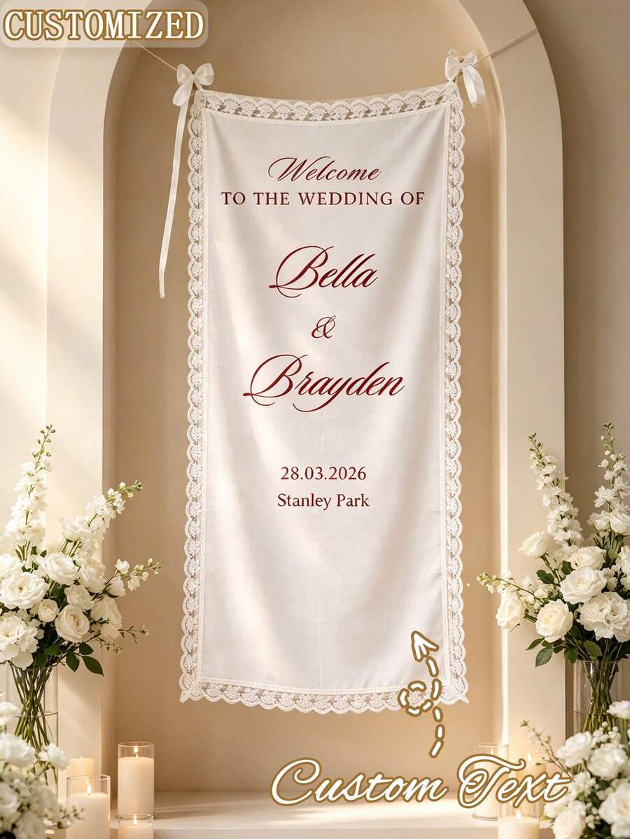 Personalized Linen Lace Wedding Welcome Sign, Customized Name & Date, Wedding Backdrop Banner, Bridal Shower Entrance Decor