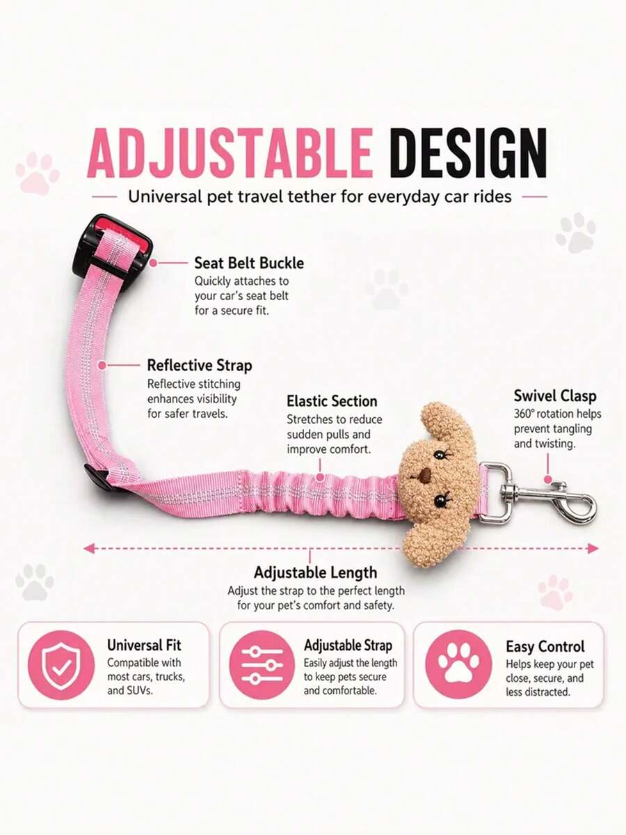 1pc Cute Dog Car Safety Belt Reflective Webbing Elastic Retractable Rope New Pet Car Cat Leash