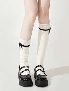 1/2 Pairs French Girl Lace Ruffle Bow Mid-Calf Socks, Sweet Preppy Style, Back To School Outfit - Multicolor - View 13