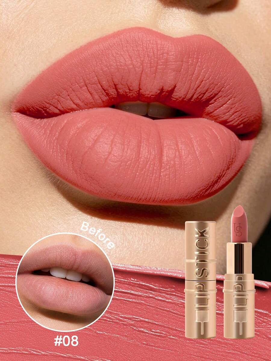USHAS Gold Tube Matte Lipstick 7 Colors, Silky & Lightweight, Non-Drying Creamy Texture, Natural & Long-Lasting Color - #08 Coral Nude - View 1