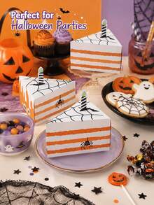 2 Peças Caixas de Lembrancinhas de Fatias de Bolo com Teia de Aranha Assustadora de Halloween, Caixas de Embalagem de Presente de Doces com Impressão de Vela de Morcego de Desenho Animado para Decoração de Lembrancinhas de Festa de Feriado (Caixas Reutilizáveis) - Multicolorido - Visão 1