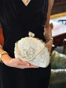 Women's Evening Clutch, Wavy Edge Hard Frame Handbag, 3D Floral Embroidery Pattern, Suitable For Wedding, Tea Party, Banquet (Random Cropping Position) - White - View 4