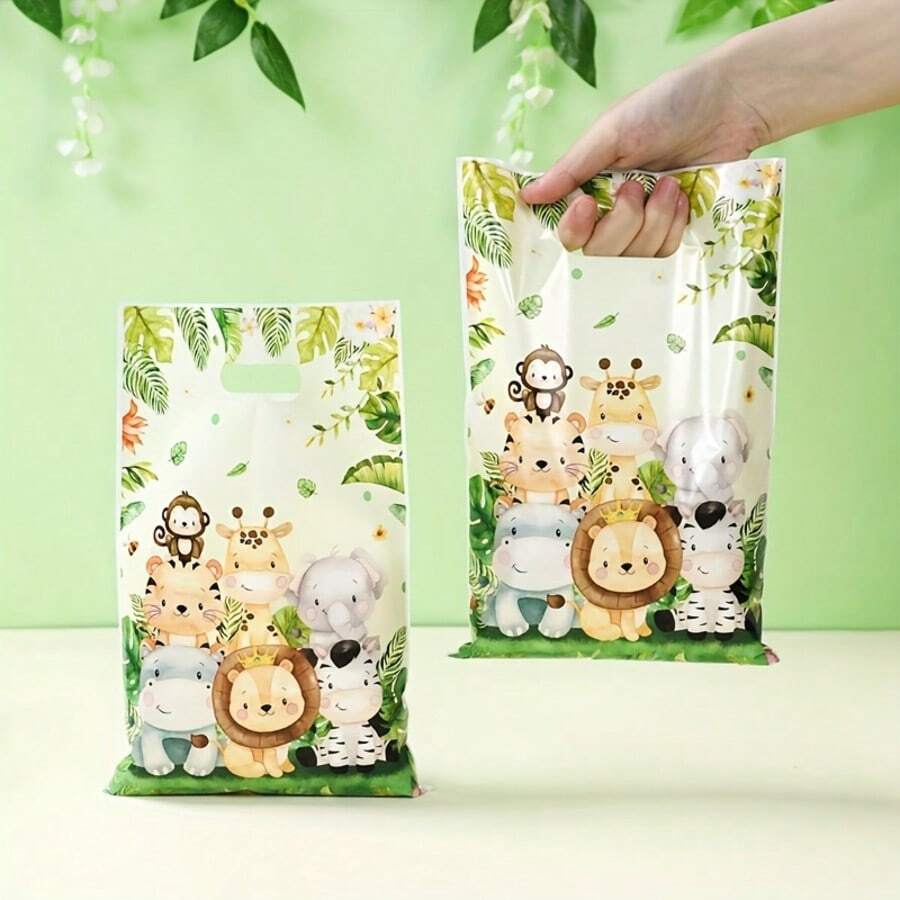 10/25Pcs Jungle Animal Handheld Gift Bags, Suitable For Birthday, Baby Shower, Gender Reveal, Safari Party Decorations, Plastic Bags For Events