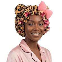 Leopard Print Plush 3D Cat Ear Headband Bow Hair Cap, Quick-Dry Soft Sleep Hair Cap, Suitable For Daily And Nighttime Hair Care - Leopard Print - View 5