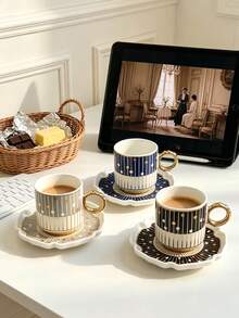 1/3 Sets 110ml Premium Nordic Ceramic Cup & Saucer Set,Piano Note Pattern Coffee Mug With Heat Resistant Handle, Dishwasher , Perfect For Espresso Afternoon Tea Cup,Party & Kitchen, Ideal Gift For Women/Girls ,Housewarming,Back To School Present - Multicolor - View 5