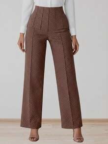 Pantalón Mujer Elegante y Moderno.  Tiro Alto y Pierna Amplia. Tela Ligera y Fresca. Confeccionado en Poliéster Liviano con Elastano. Tela Millenium Stretch, Poliéster con Elastano - Café Lunares - Ver 2