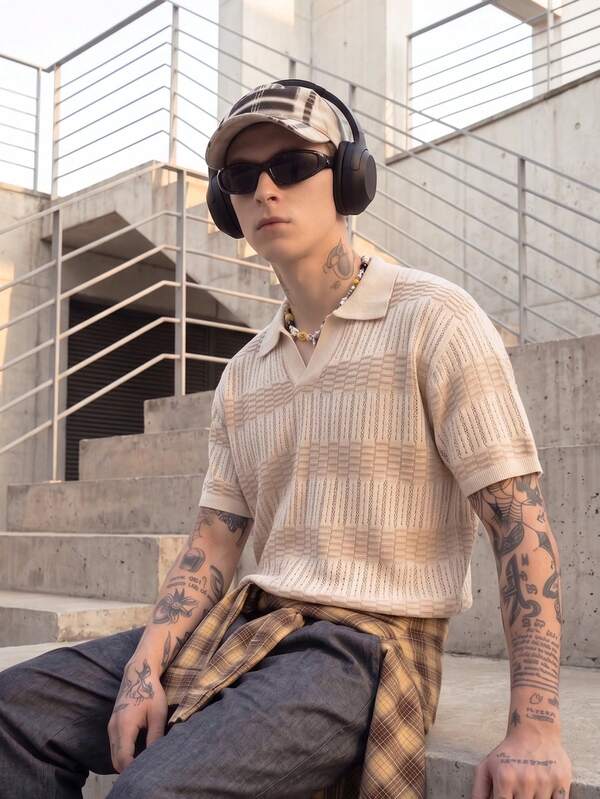 BLACKTOEXIT Camisa polo para hombre, manga corta con cuello, tejido de punto estilo Old Money americano a rayas, primavera/verano