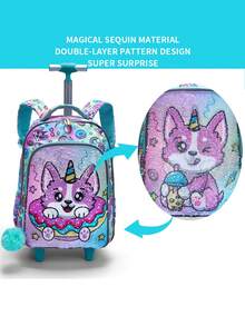 BLING BABIES 3PCS Teens Wheeled Travel Bag, Double-Sided Green Cartoon Puppy Sequins Design Bookbag For Students, With Handbag And Pen Bag Nighttime Reflective - Green - View 4